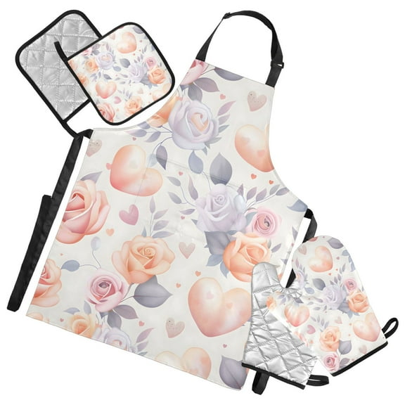 5 Pcs Kitchen Set Heat Resistant Oven Mitts and Non-Slip Pot Holders with Adjustable Cooking Apron Hearts and Roses