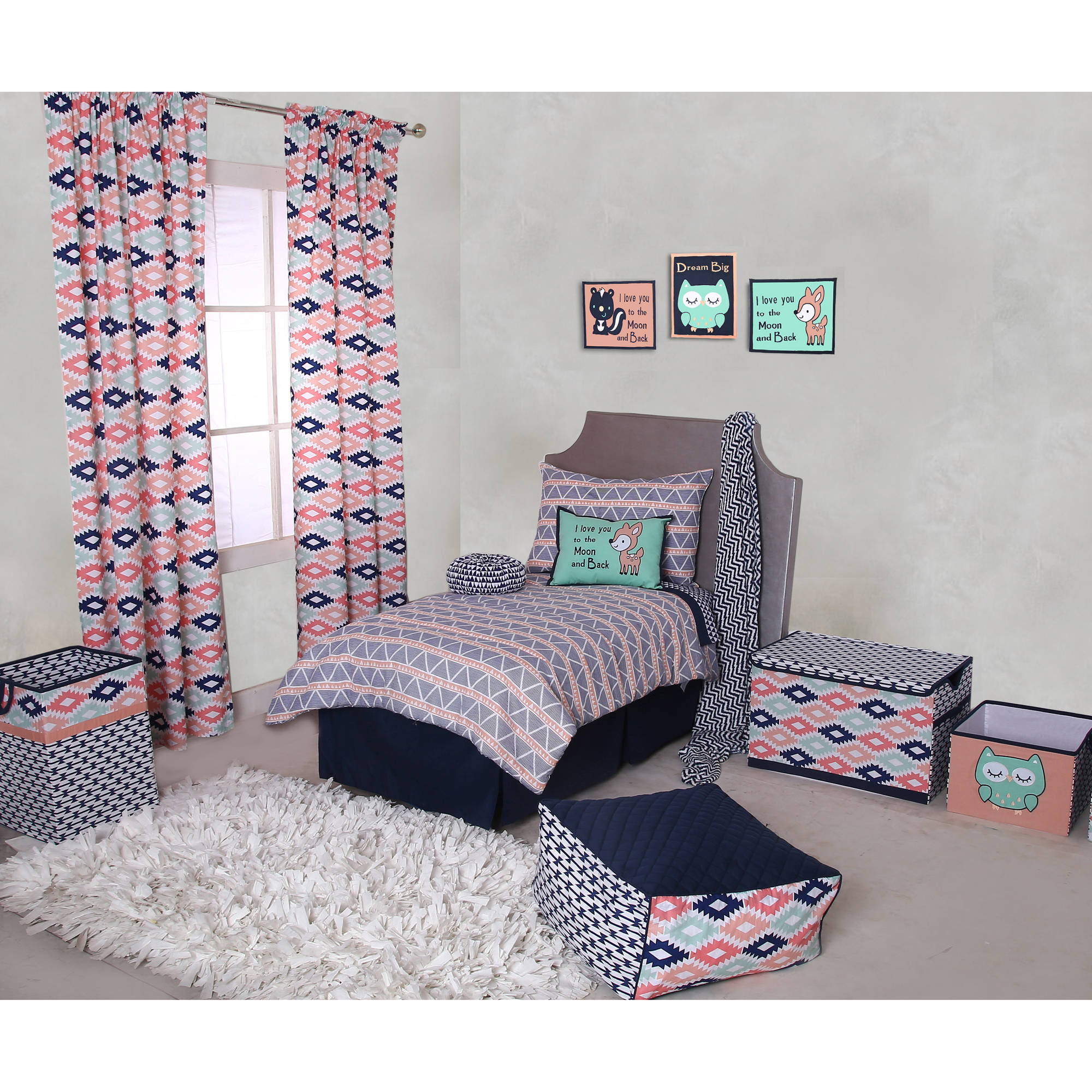 Bacati - Emma Aztec Coral/Mint/Navy Triangles 100% Cotton Muslin 4-Piece Toddler Bedding Set