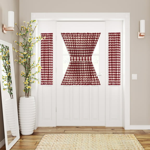 Plaid Country Farmhouse Door Curtain With Tieback - 25 in W x 40 in. L, Burgundy