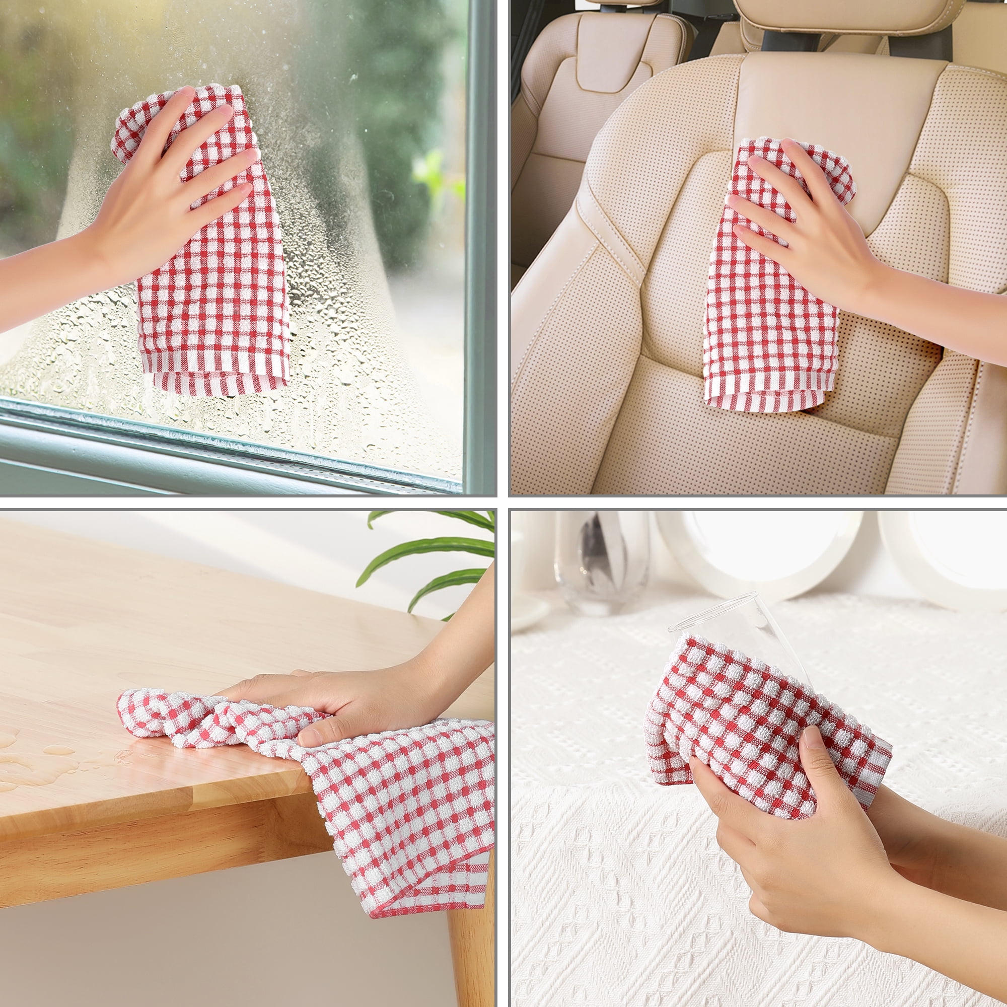 Unique Bargains Cotton Checked Hand Towels Dishcloths Set Dish Kitchen Towels Pack of 12 Red 12" x 12"
