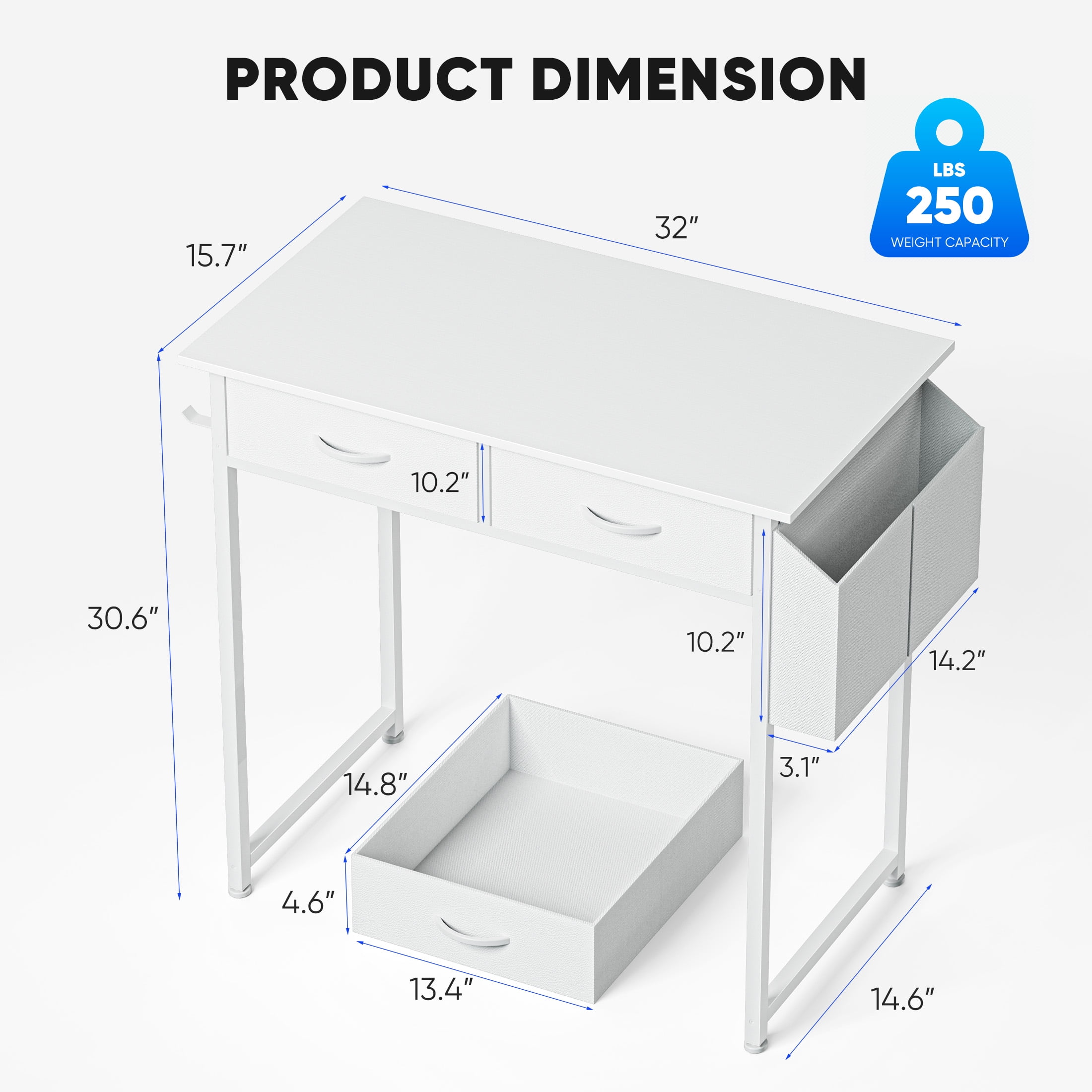 JIOABL Small Desk with 2 Drawers 32 Inch Bedroom Kids Student Vanity Home Office Computer PC Table with Fabric Storage Bag, Study Writing Wood Deskboard for Small Spaces,White