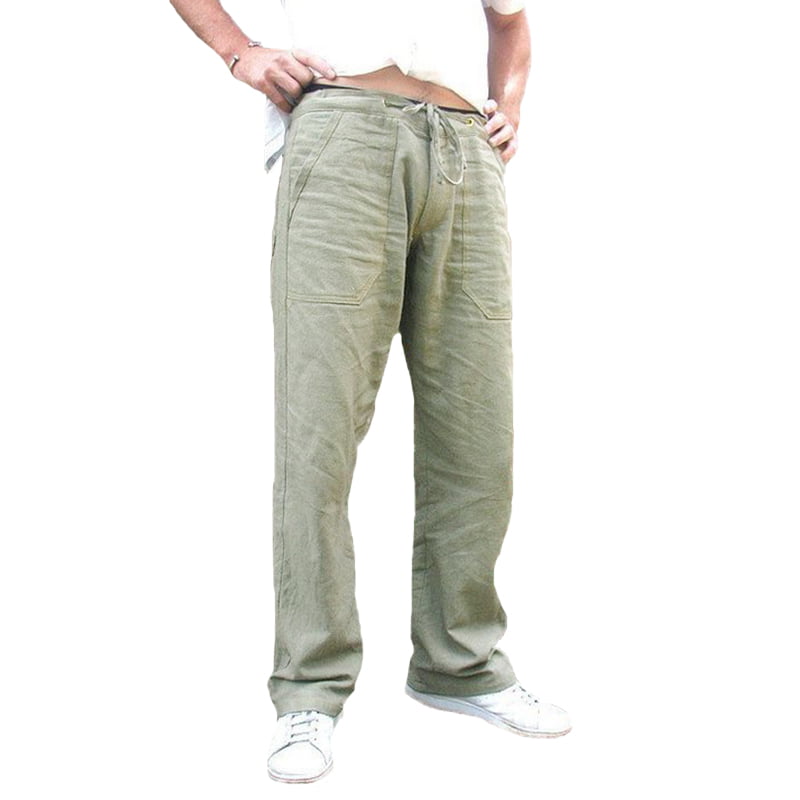 Sweatwater Mens Elastic Waist Baggy Plus Size Linen Drawstring Wide Leg Pants