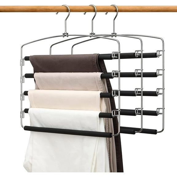 Pants Hangers Space Saving 5 Layers Stainless Steel Slack Hangers Jeans Trousers Hangers Non-Slip Foam Padded Swing Arm Clothes Hanger Closet Organizer for Jeans,Scarf,Tie (Black, 3)
