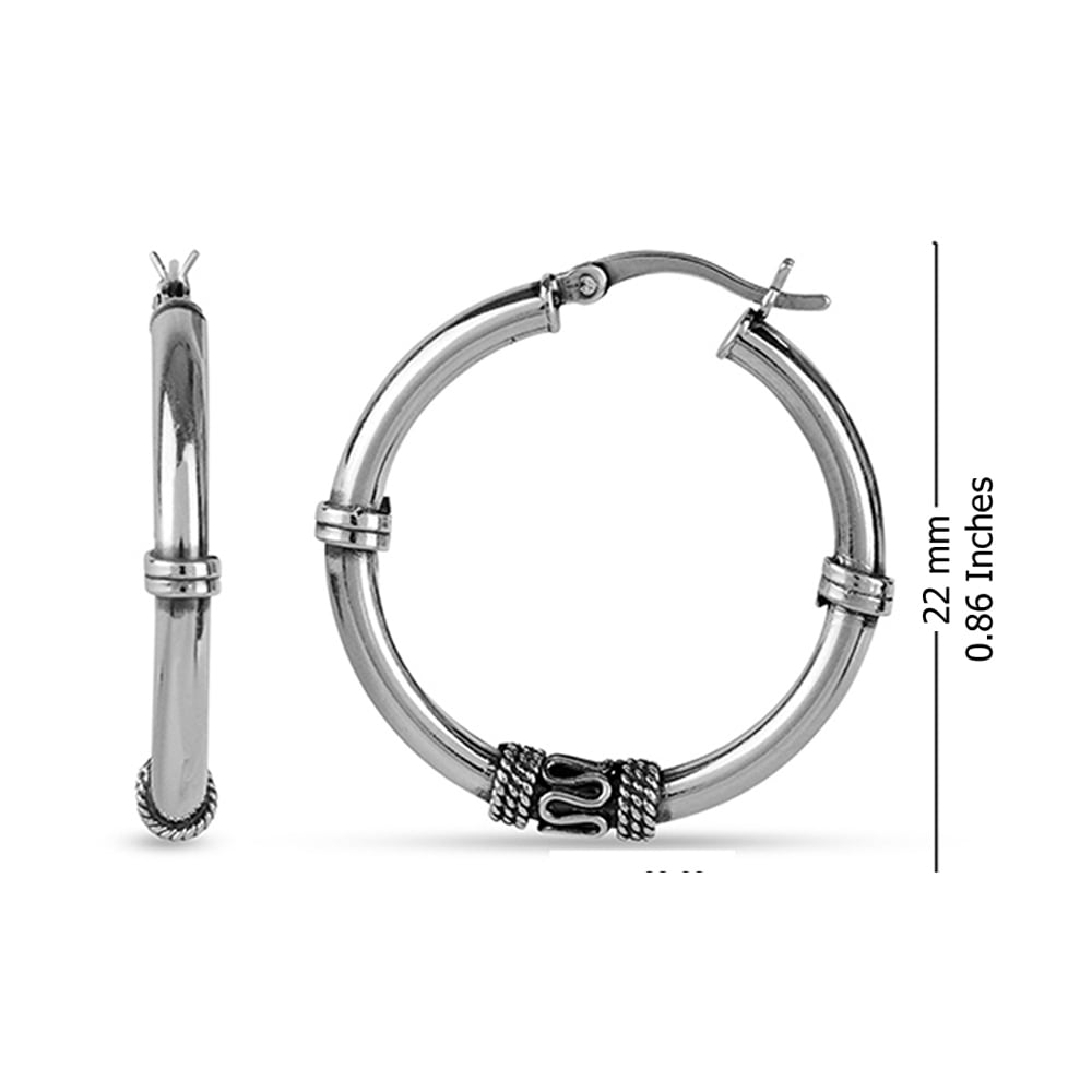 LeCalla 925 Sterling Silver Jewelry Oxidized Light-Weight Bali Hoop Click-Top Earrings for Women and Teen 22MM