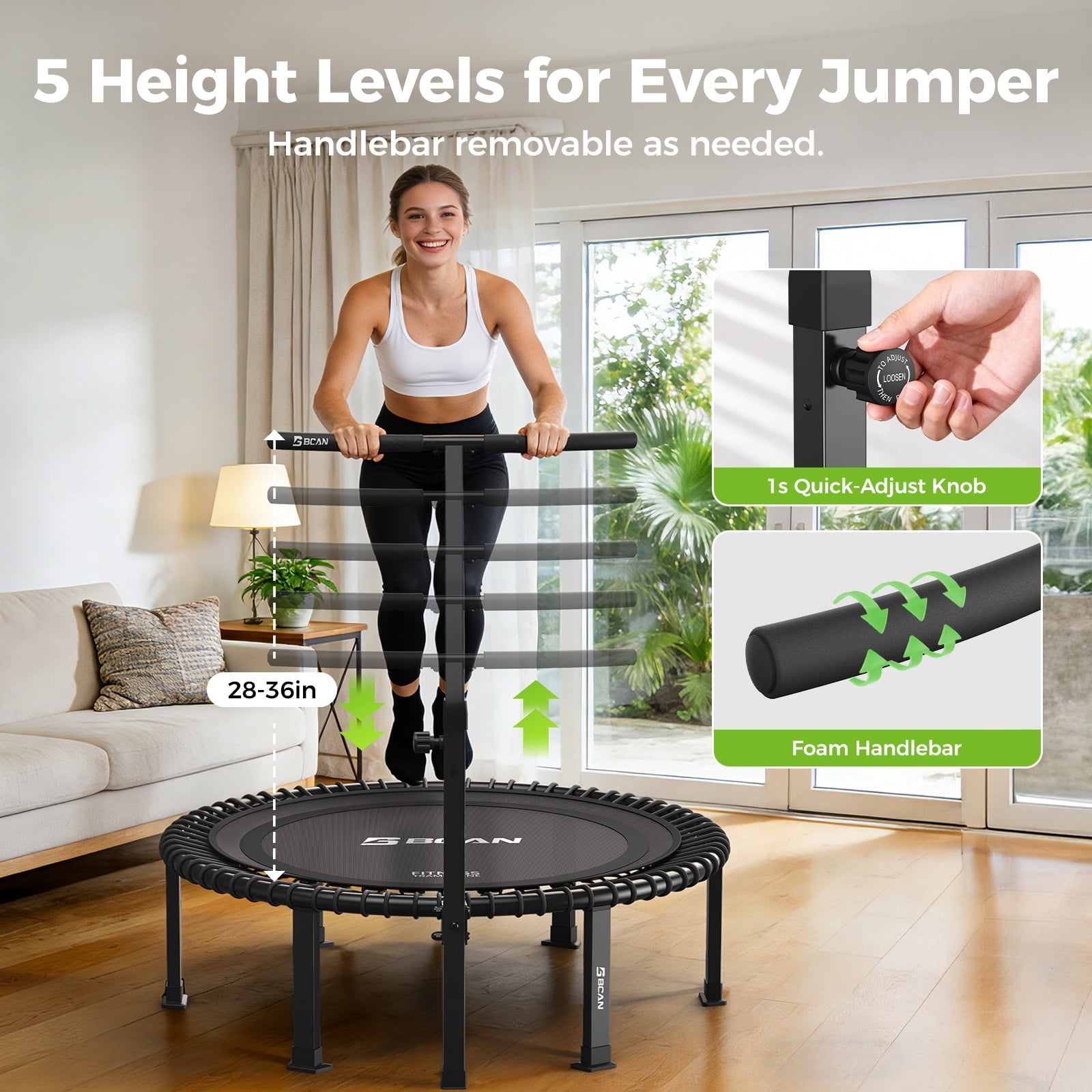 BCAN BT4 40" Soft Land Pro Adult Bungee Rebounder Trampoline, 500lb Capacity, Adjustable Tension Bungees, Exercise Trampoline for Adults, Phone Holder & 2 Pairs Socks| FED Fitness