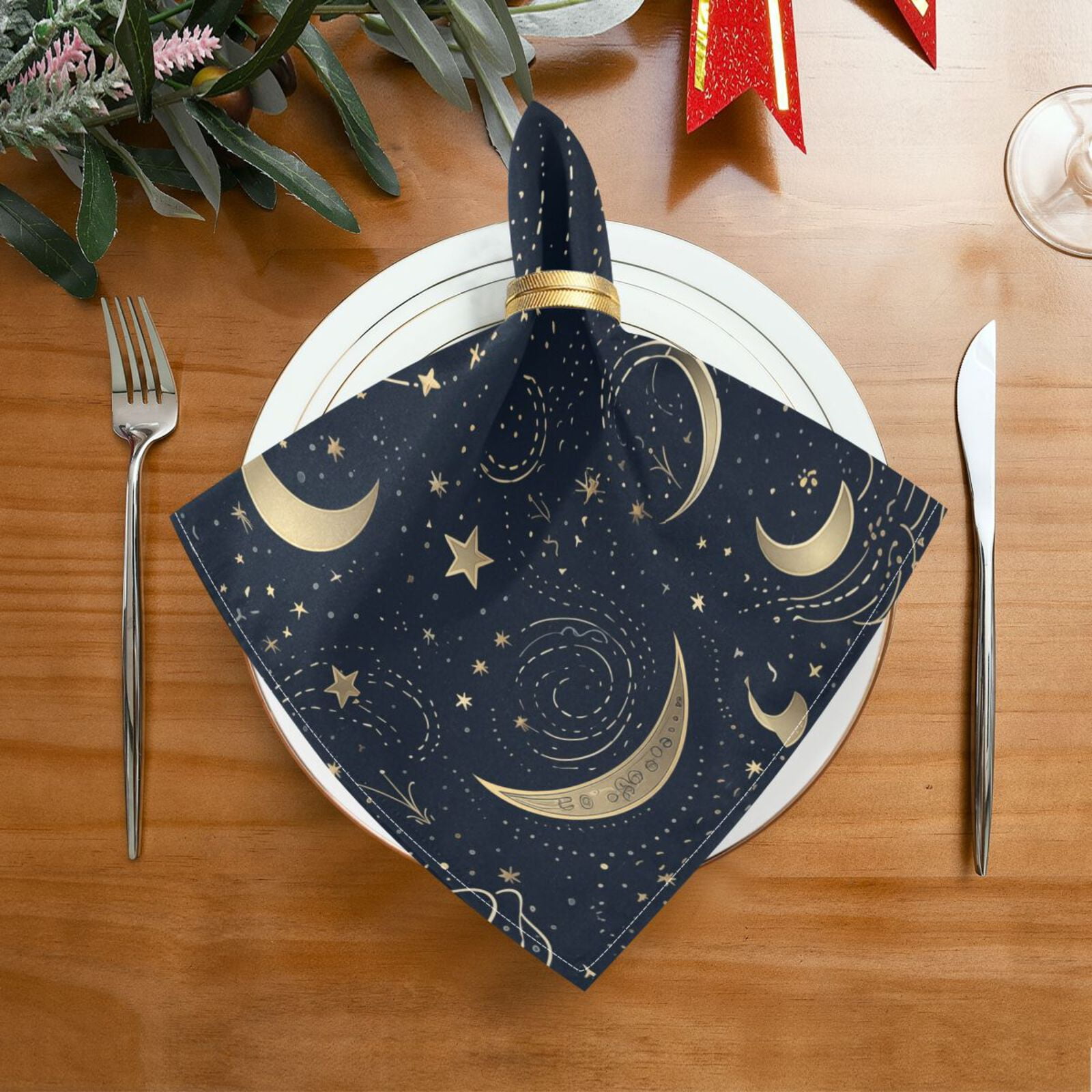 JSTEL Crescent Moon Stars Starry Sky Cloth Napkins Set of 6, 20x20 Inch Washable and Reusable Napkin for Decoupage Dinner Party Everyday Use