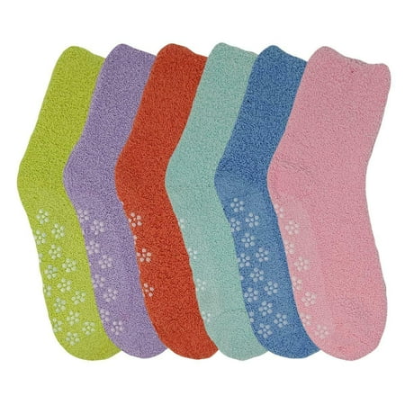 6 pairs Kids Girls Cozy Fuzzy Bright Colors Non Skid Slipper Socks