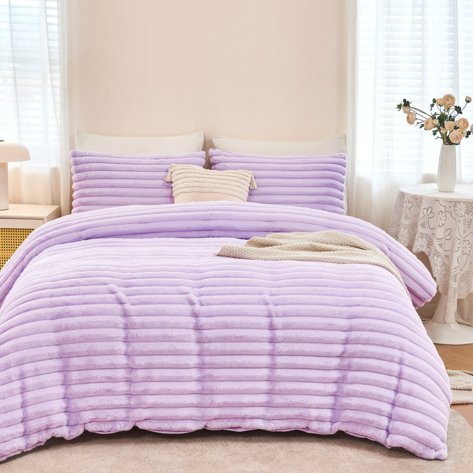 ZRNBAST Fleece Twin Comforter Set, Light Purple Super Soft Furry Plush Bedding, Luxury Fluffy Fuzzy Heavy Bed Set for Winter with 2 Pillowcases(Light Purple,Twin)