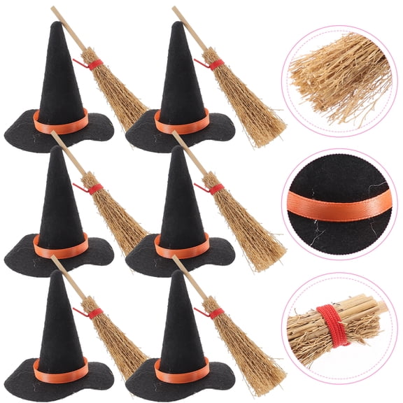 Mini Witch Hats and Brooms - Halloween Decorations for Party Favors, Birthday, Wedding, DIY Crafts Accessories - Set of 12 (6 Black Witch Hats   6 Broom Sticks)