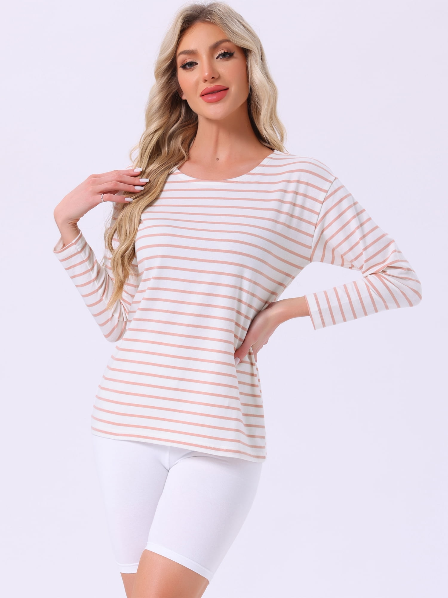 DARING DIVA Pajama Striped Cotton Long Sleeve Crew Neck Sleep Shirts XL Pink Striped