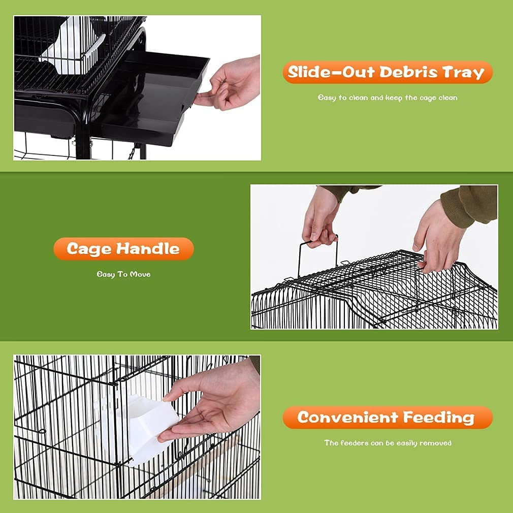 CL.HPAHKL 64-inch Large Bird Cage Play Open Top Design, Metal Parakeet Cage with Rolling Stand & Bottom Tray for Parakeet Lovebirds Ringneck Cockatiels Parrot Cage, Black