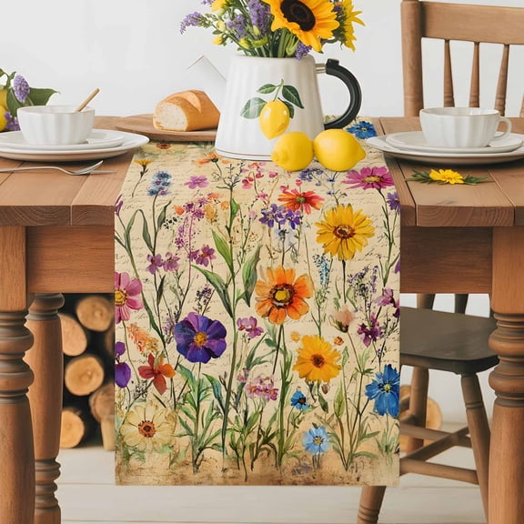 Burlap Table Runner 36 Inches Long, Farmhouse Colorful Small Flower Non-Slip Kitchen Table Runners for Dining Room Everyday Use Party Table Decorations Retro Backdrop Seamless