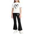 thumbnail image 3 of THDHVS Girls Fall Outfits,Girls Heart Print Round Neck Short Sleeve Top Stretchy Flared Pants Casual 2 Piece Set,Girls' Clothing Sets Black 3-4 Years, 3 of 7