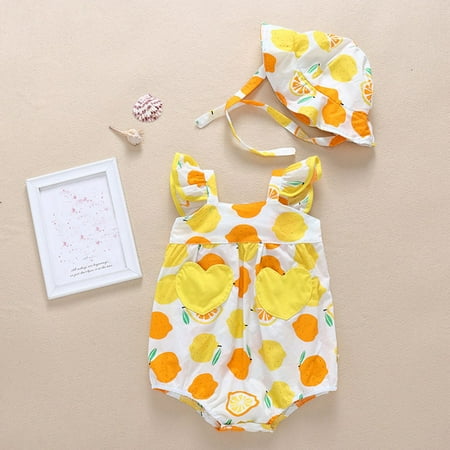 

Baby girl skirt Child dress Newborn Infant Baby Girls Straps Fruit Print Romper Sunsuit Hat Bodysuit CHMORA