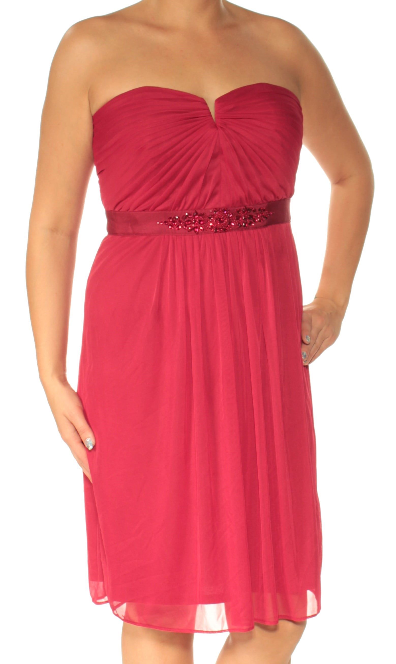 ADRIANNA PAPELL Womens Red Embellished Ruched Sleeveless Strapless