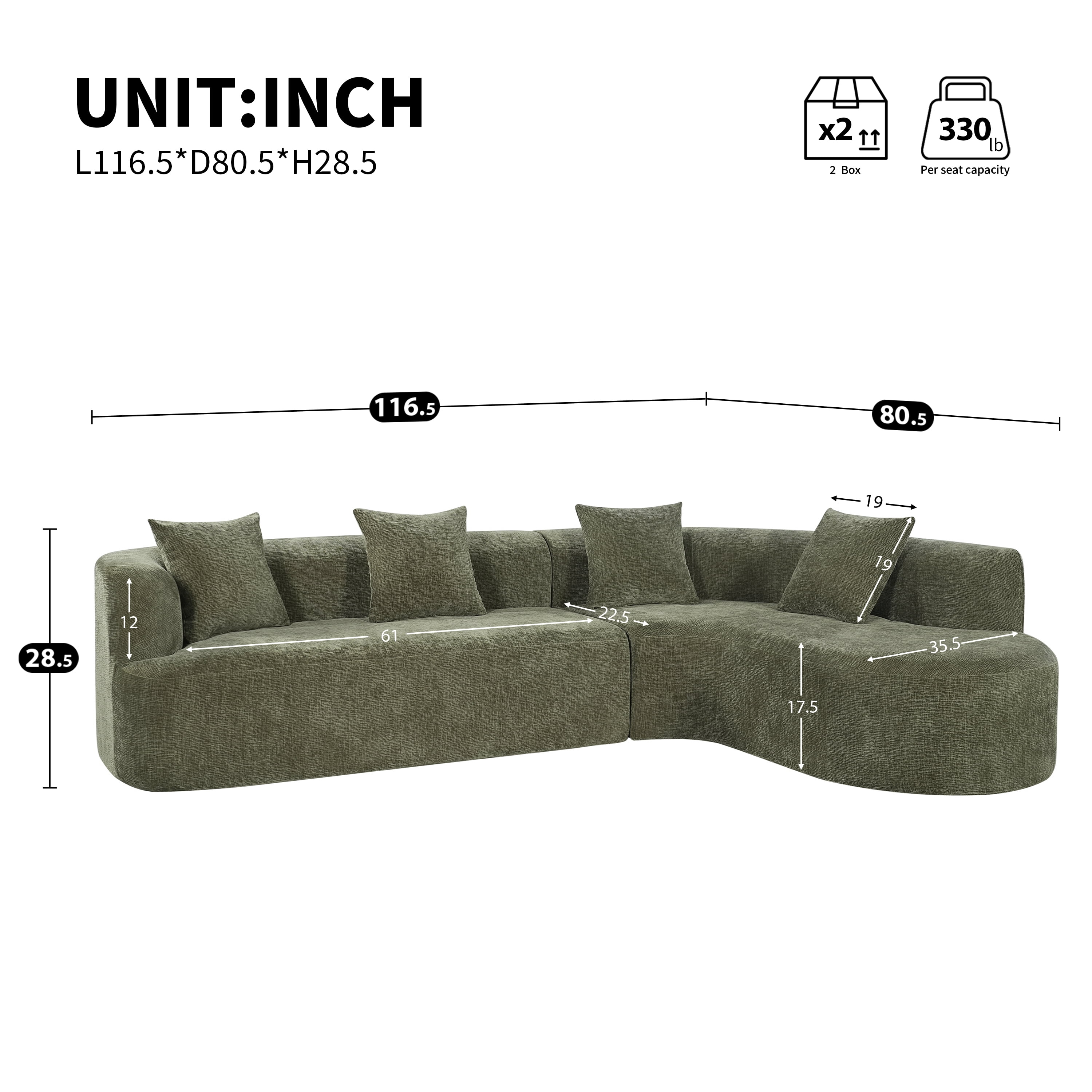 GARITIN Curved Cloud Couch 116.5 Inch, Oversized L Shaped Chenille Sectional Sofa with High Resilience Foam for Living Room, Green