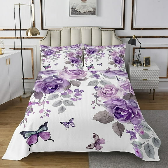 Erosebridal Butterfly Bedspread Sets Twin Size for Teens, Purple Rose Bed Quilt, Vintage Flower Decor 2pcs
