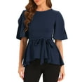 thumbnail image 1 of Blusa peplum de mujer INSPIRE CHIC con nudo y cinturón, de media manga y cuello redondo, color azul oscuro, talla XS, 1 of 1