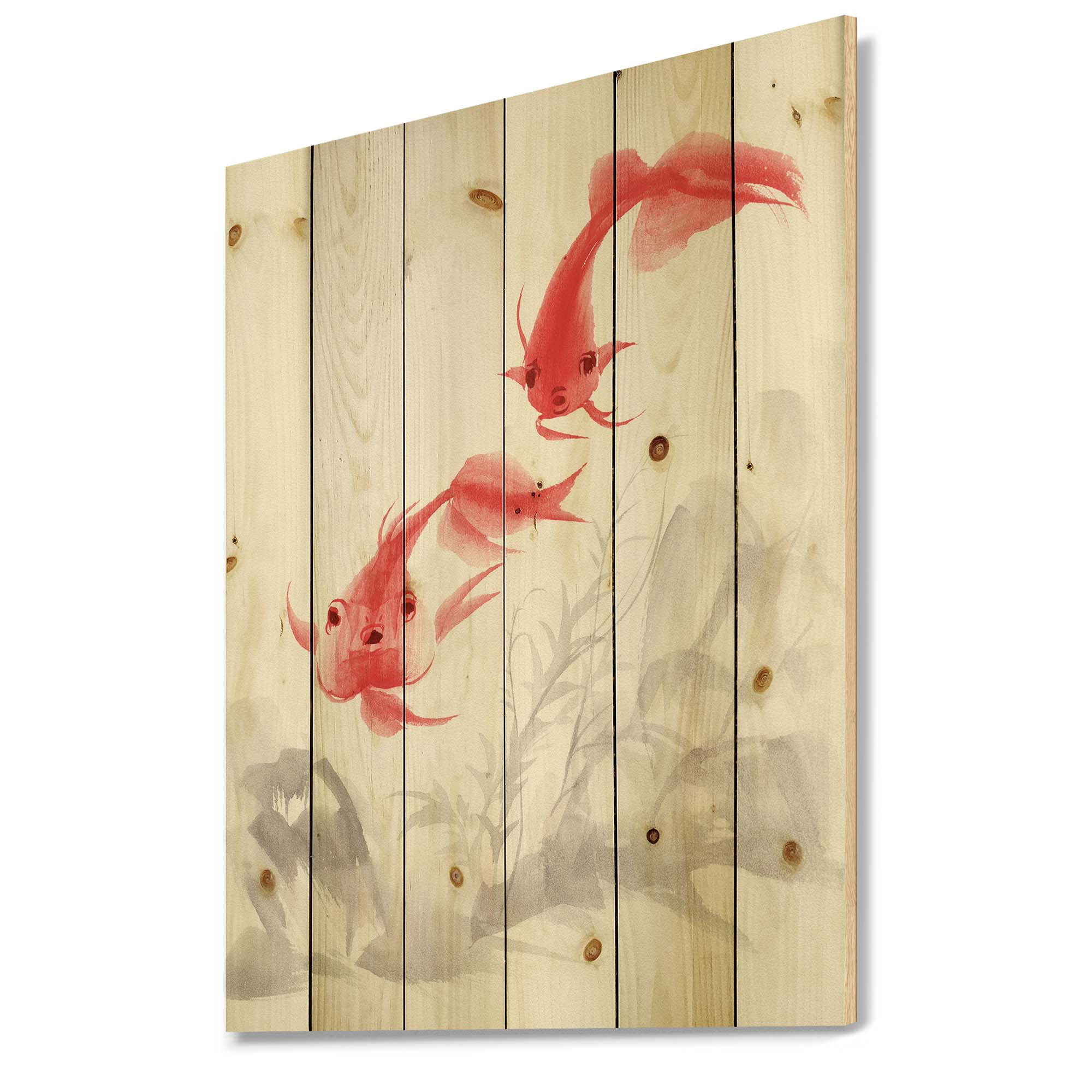 Designart 'Ancient Gold Fishes' Nautical & Coastal Print on Natural Pine Wood