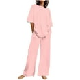 thumbnail image 2 of Dazajoo Womens Two Piece Linen Sets Summer Round Neck Short Sleeve Tops and Wide Leg Drawstring Pants with Pockets Casual Solid Color Lounge Suits,Pink,M, 2 of 5