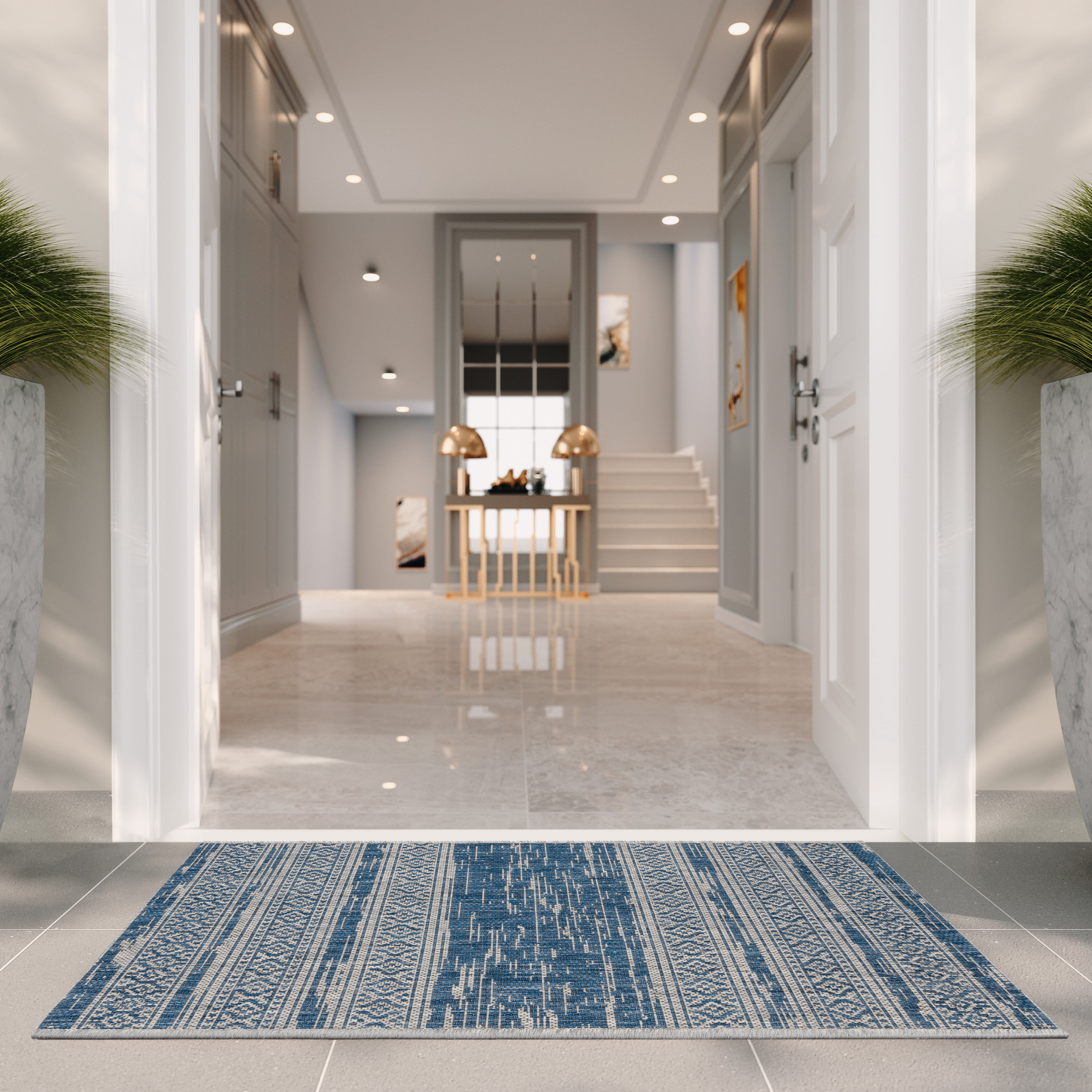 SAFAVIEH Courtyard Galen Striped Indoor/Outdoor Area Rug, Navy/Grey, 8' x 11'
