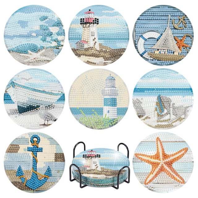 Kit de posavasos Diamond Art con vista a la playa y soporte para adultos
