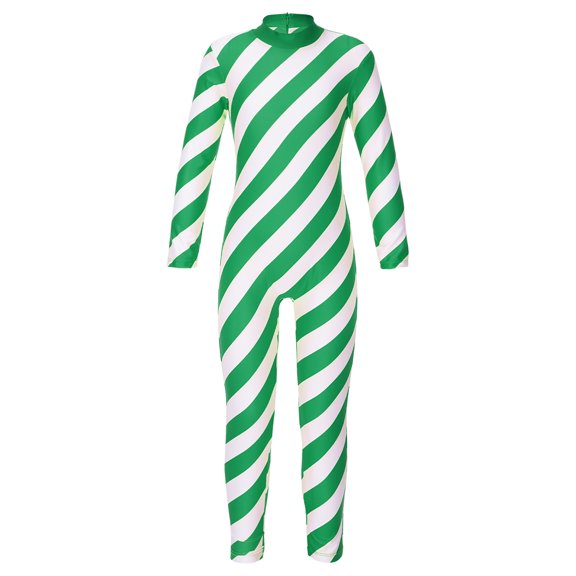 YONGHS Girls Christmas Candy Cane Striped Bodysuit Unitard Turtleneck Long Sleeve Gymnastics Dance Jumpsuit Green 16