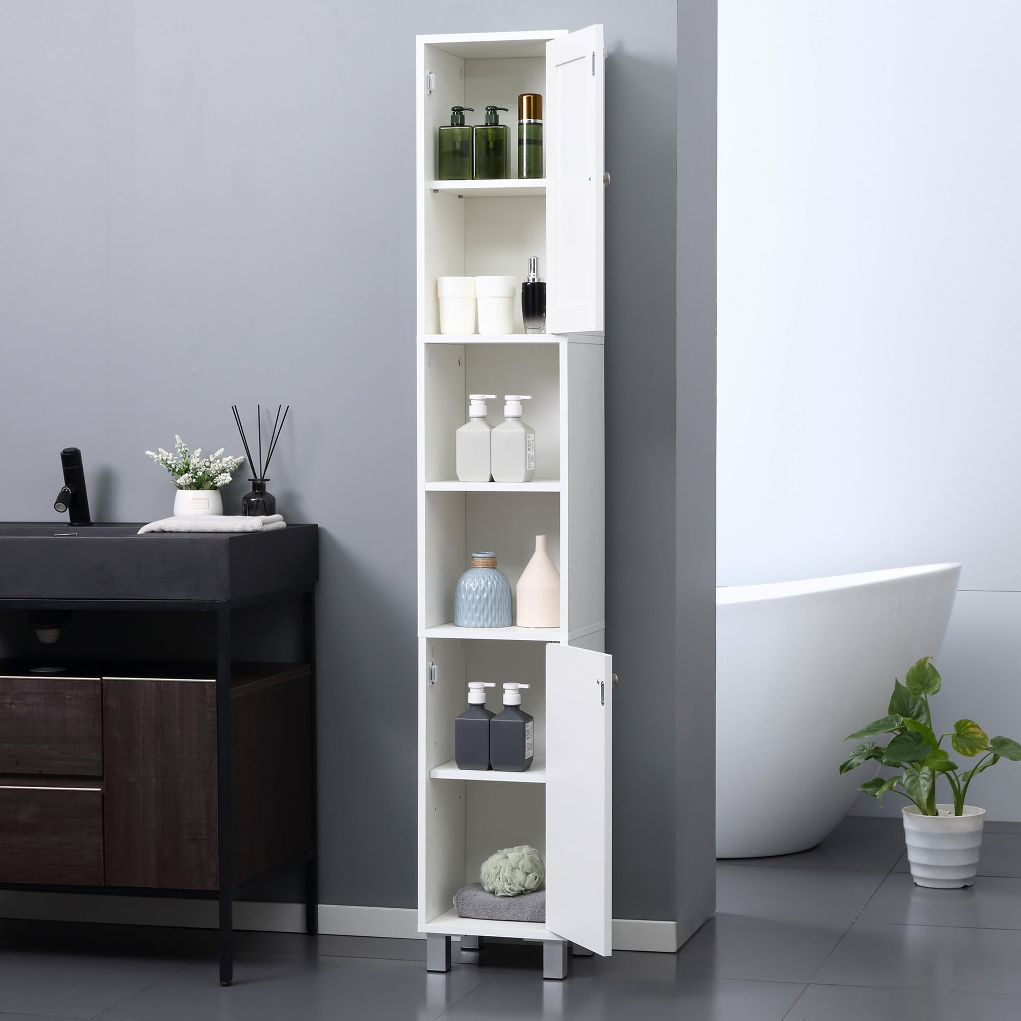 HOQBN Tall Bathroom Storage Cabinet with Mirror, Wooden Freestanding Tower Cabinet with Adjustable Shelves for Bathroom, Living Room White