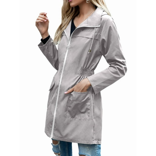Chaqueta Impermeable Ligera para Mujer, con Capucha, Mangas Largas y Cremallera, para Actividades Al Aire Libre Gris S