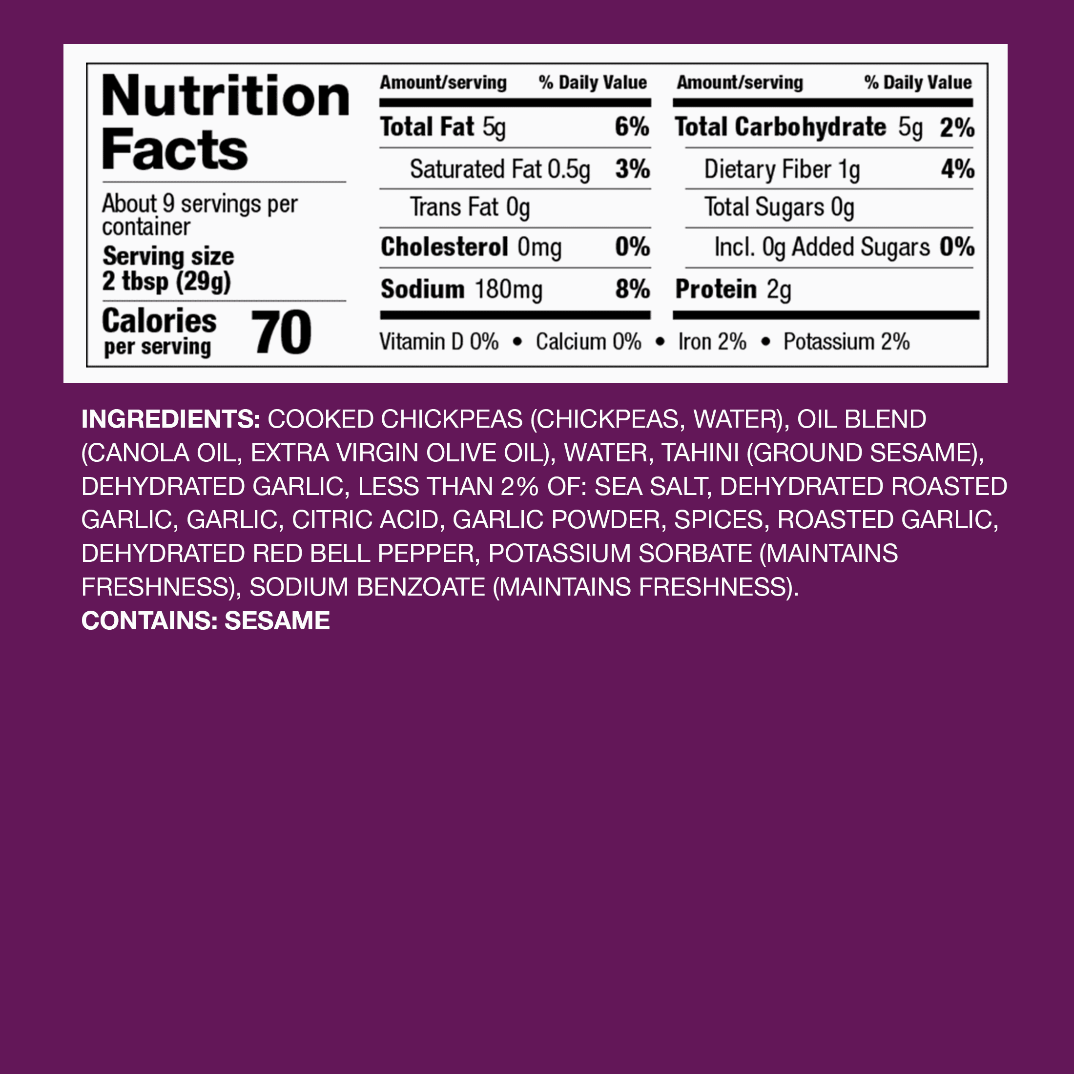Fresh Cravings Roasted Garlic Hummus Dip, 10 oz. Plastic Tub, Gluten-Free, 2 Tbsp (32g), Contains: Sesame