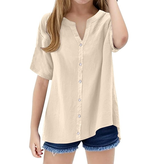 KAUOD Girls Trendy V-Neck Blouses Teen Casual Summer Loose Short Sleeve Tops Solid Color Button Down Tees Shirts