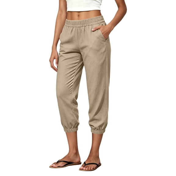JIAYUE Women Capri Pants Solid Color Elastic Waist Side Pockets Loose Fit Casual Trousers for Outdoor Walking Wear