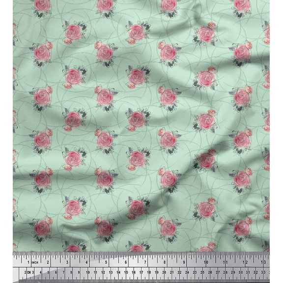 Soimoi Green Cotton Duck Fabric Peach Rose Watercolor Printed Fabric 1 Yard 44 Inch Wide