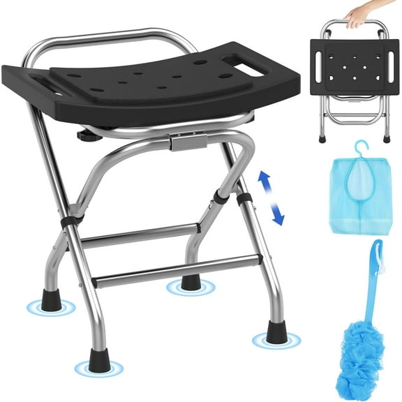 Folding Shower Seat - Stainless Steel Shower Chair for Inside Shower - 420lbs Height Adjustable Foldable Shower Stool - Portable Travel Collapsible Bath Bench for Elderly