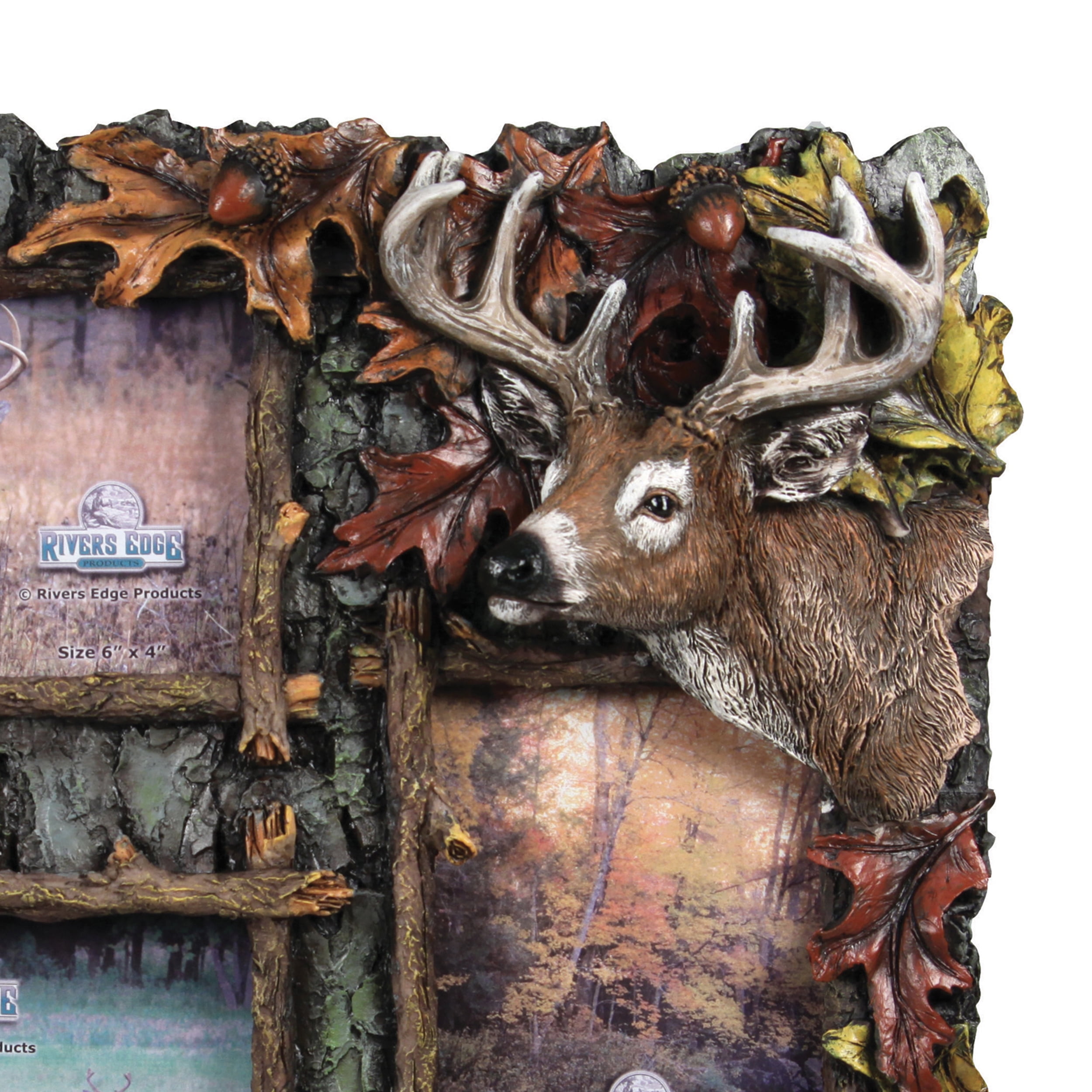Rivers Edge Products 15.25 in x 13.5 in Multi Photo Frame for Three 4x6 Photos, Rustic Poly Resin Deer Picture Frame, Wall Hanging or Tabletop, Includes Glass Insert, 3-Picture Deer