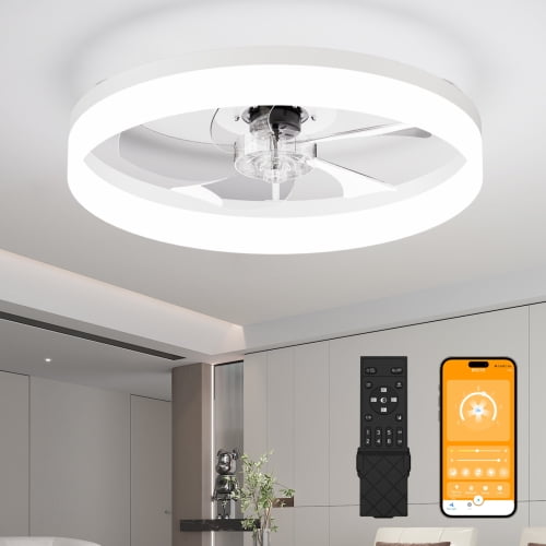 19.7'' LED Ceiling Fan Light with Remote & App Control, 6 Speeds, Dimmable, 3000K-6500K, Flush Mount BLACK Fandelier for Bedroom