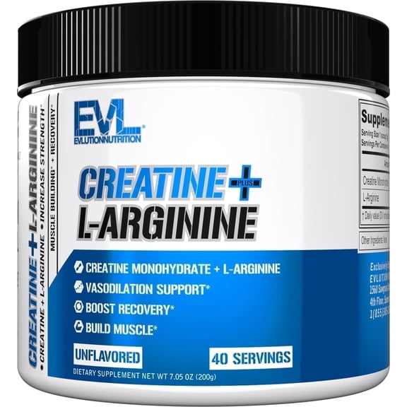 Evlution Nutrition Creatine   L-Arginine - Supports Vascularity, Recovery & Lean Muscle Growth - 2500mg Creatine Monohydrate & 2500mg L-Arginine Per Serving - 40 Servings - Unflavored Powder