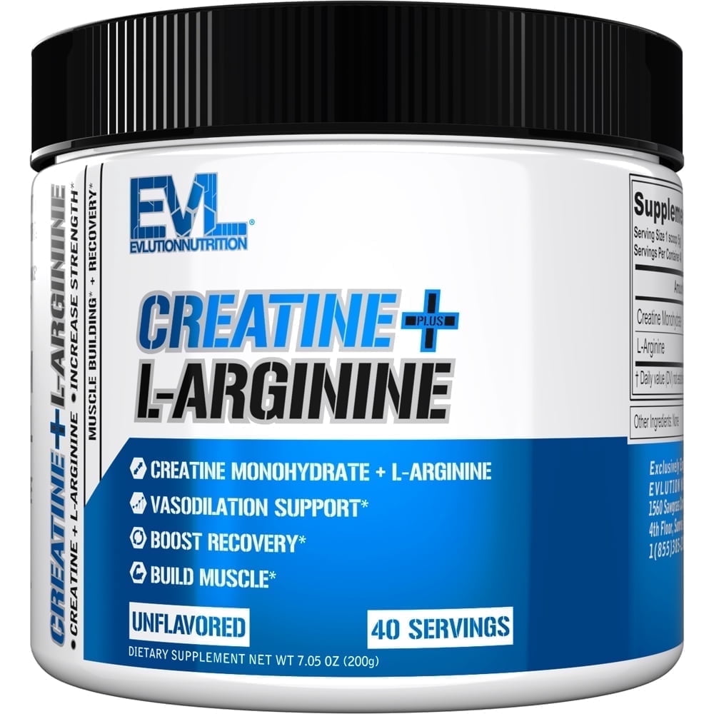 Evlution Nutrition Creatine + L-Arginine - Supports Vascularity, Recovery & Lean Muscle Growth - 2500mg Creatine Monohydrate & 2500mg L-Arginine Per Serving - 40 Servings - Unflavored Powder