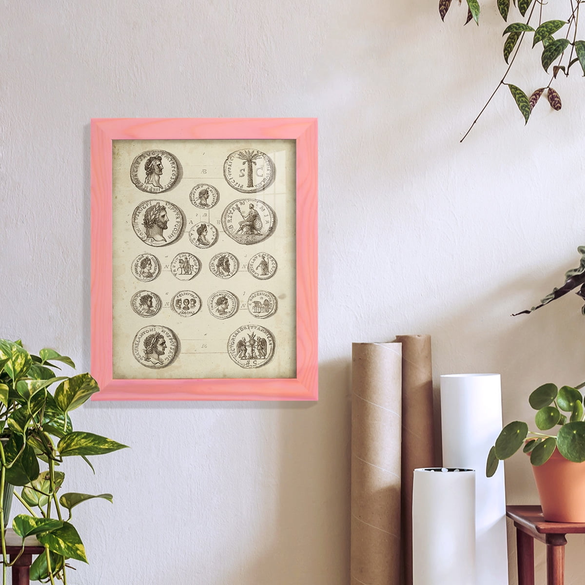 Antique Roman Coins IV -Framed Print w/glass-Sunset Pink