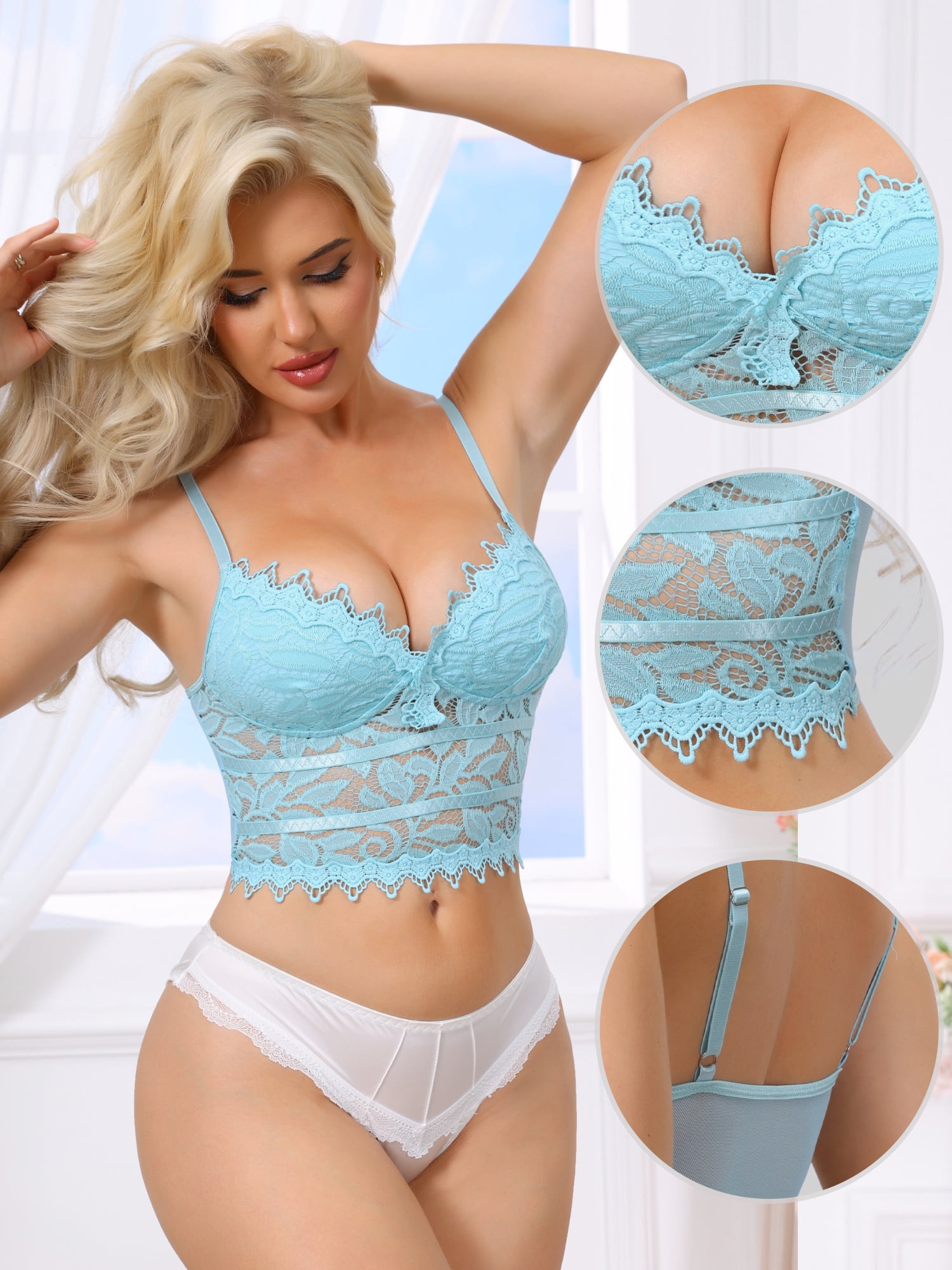 DARING DIVA Women's Lace Plunge Sheer Sleeveless Tank with Mesh Back M Light Blue