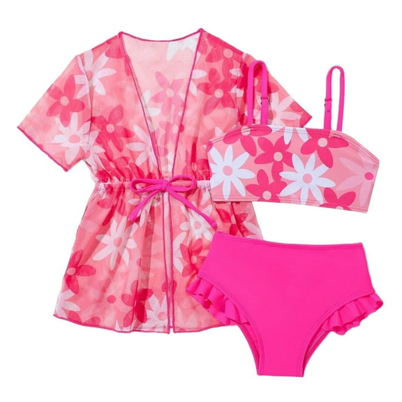 Hienoo Girls 3-Piece Swimsuit Floral Ruffle Bikini Set with Cover Up Swimwear Set, Sizes 9M-3T