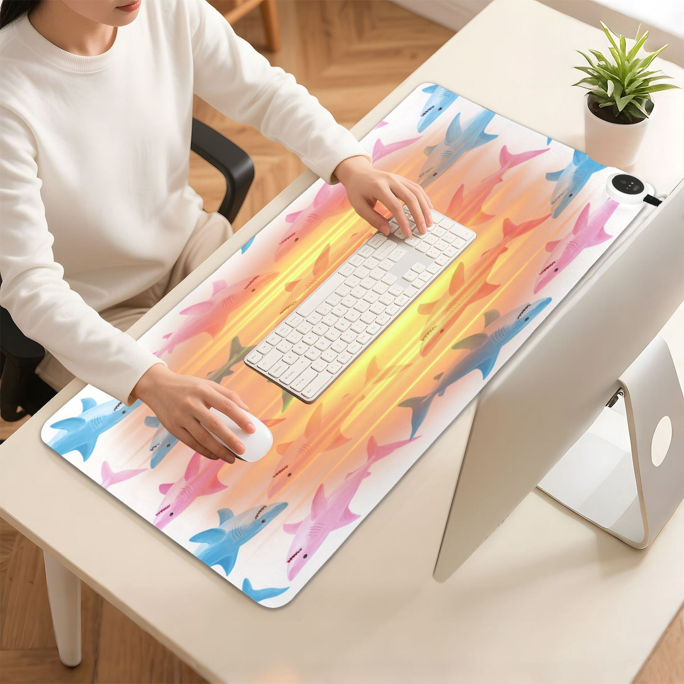 Large Heated Desk Mat Mouse Pad 31.5"x13"PU Leather Graphene Heating Desk Warmer with 3 Temperature Settings 110V US Plug Non-Slip Warm Pad for Home, Office, and Gaming Shark Ocean Wall Art