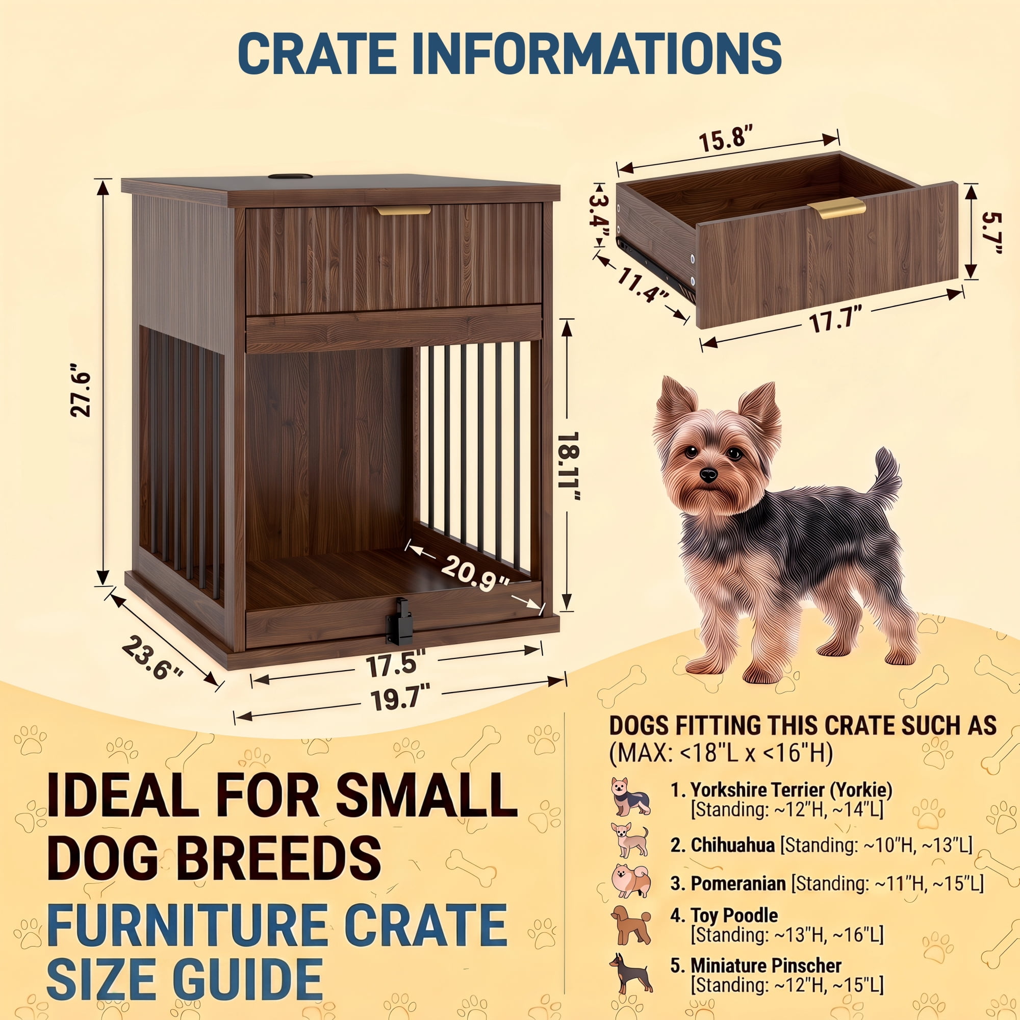 Leumius End Table with Charging Station, Dog Crate with Hideaway Tempered Glass Door, Multi-Functional Pet Station Side Table with Storage Drawer for Small Medium Dog Brown