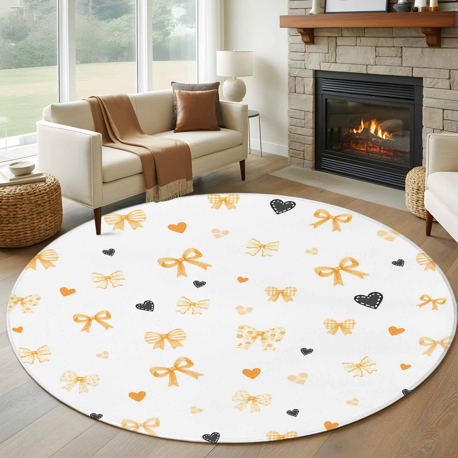 Round Rug 5ft Area Rug Gold Bows Black Hearts Area Rugs for Living Room Bedroom Valentine s Day Theme Floor Mat Non-Slip Non-Shedding Carpet Indoor Accent Rugs