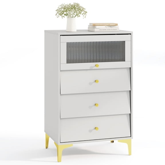 Canddidliike Modern Storage Cabinet with Flip Up Fluted Glass Door and Pull-out Drawers, Storage Cabinet with L-Shaped Metal Legs for Indoor, Gray