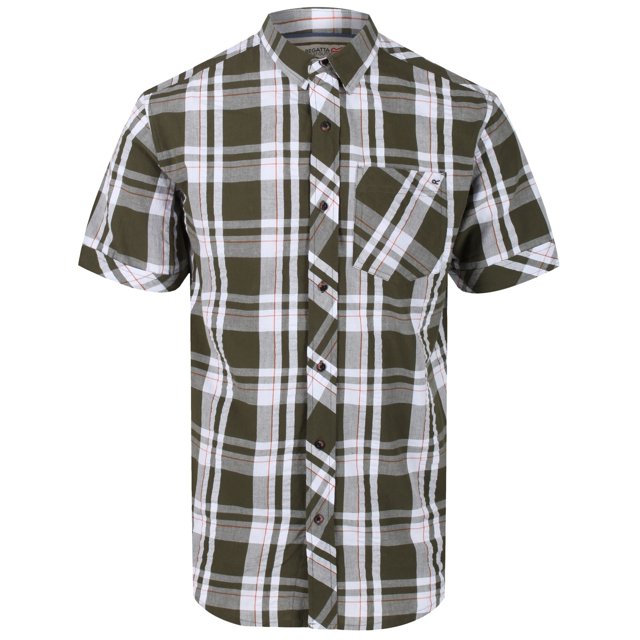 Regatta - Camisa Manga Corta estampado de Cuadros Deakin III para Hombre (Blanco/Verde Camo)