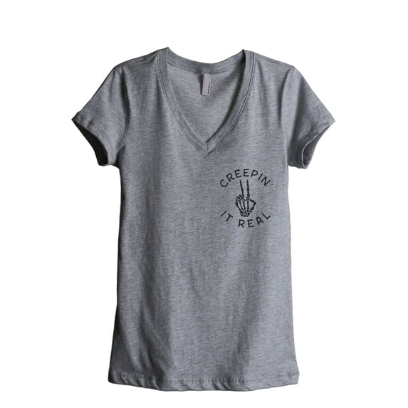 Creepin It Real Women's Fashion Relaxed V-Neck T-Shirt Tee Heather Grey Small