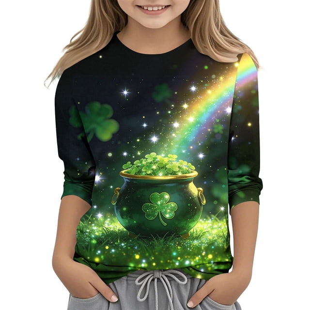 Tauxra Chandail de la Saint-Patrick pour Adultes, T-Shirt à Manches 3/4 Imprimé Col Rond, T-Shirt Graphique Trèfle Décontracté à Manches Longues pour Activités Festives