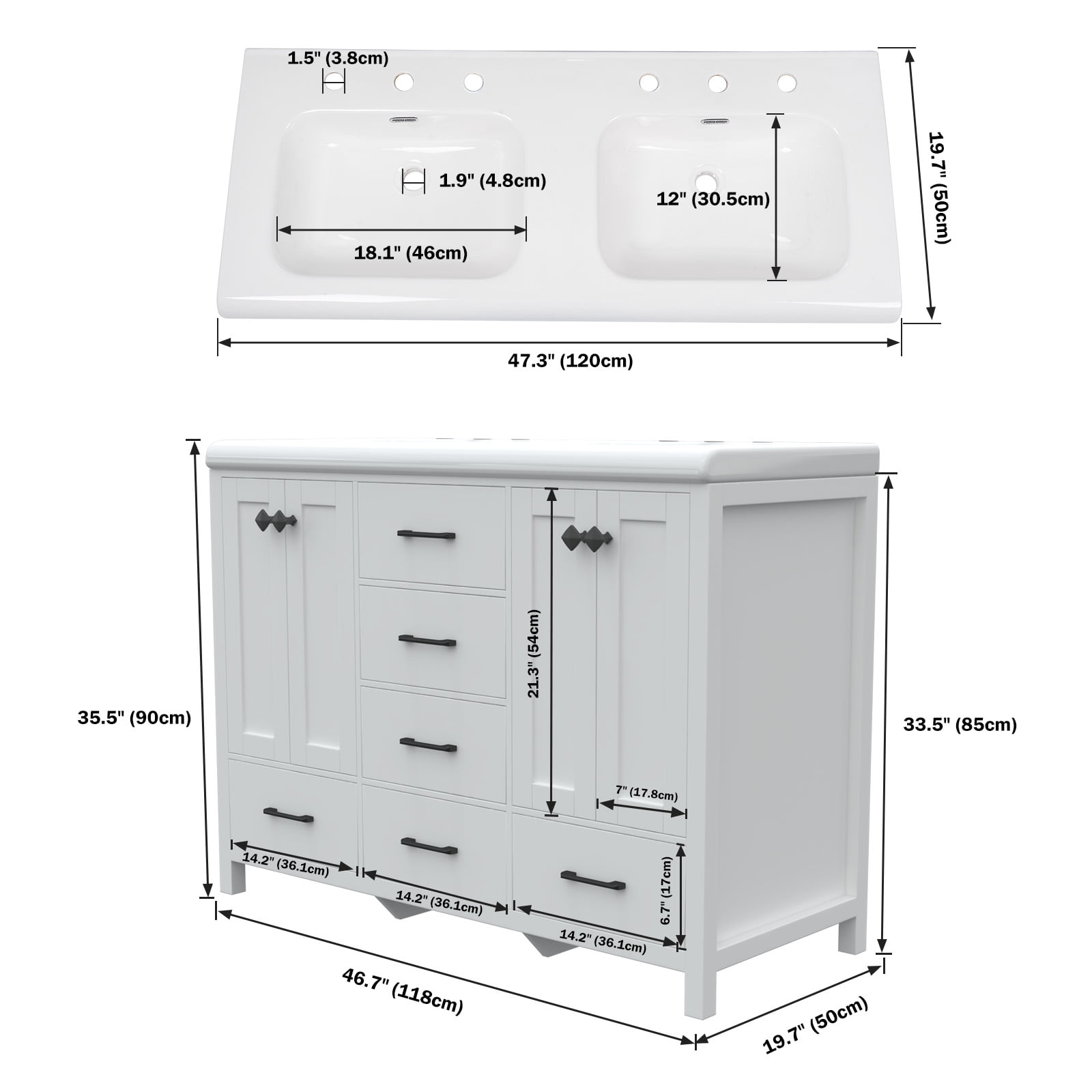 Jarbalai 47" Freestanding Bathroom Vanity with Double Ceramic Basin and 5 Drawers and 2 Cabinets, White