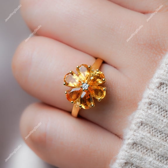 Citrine Ring Silver Gold Engagement Wedding Gift Citrine Floral Ring Birthstone Ring Wedding Gift